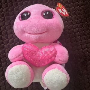 Ty Pink and White Turtle Plush with Sparkly Heart